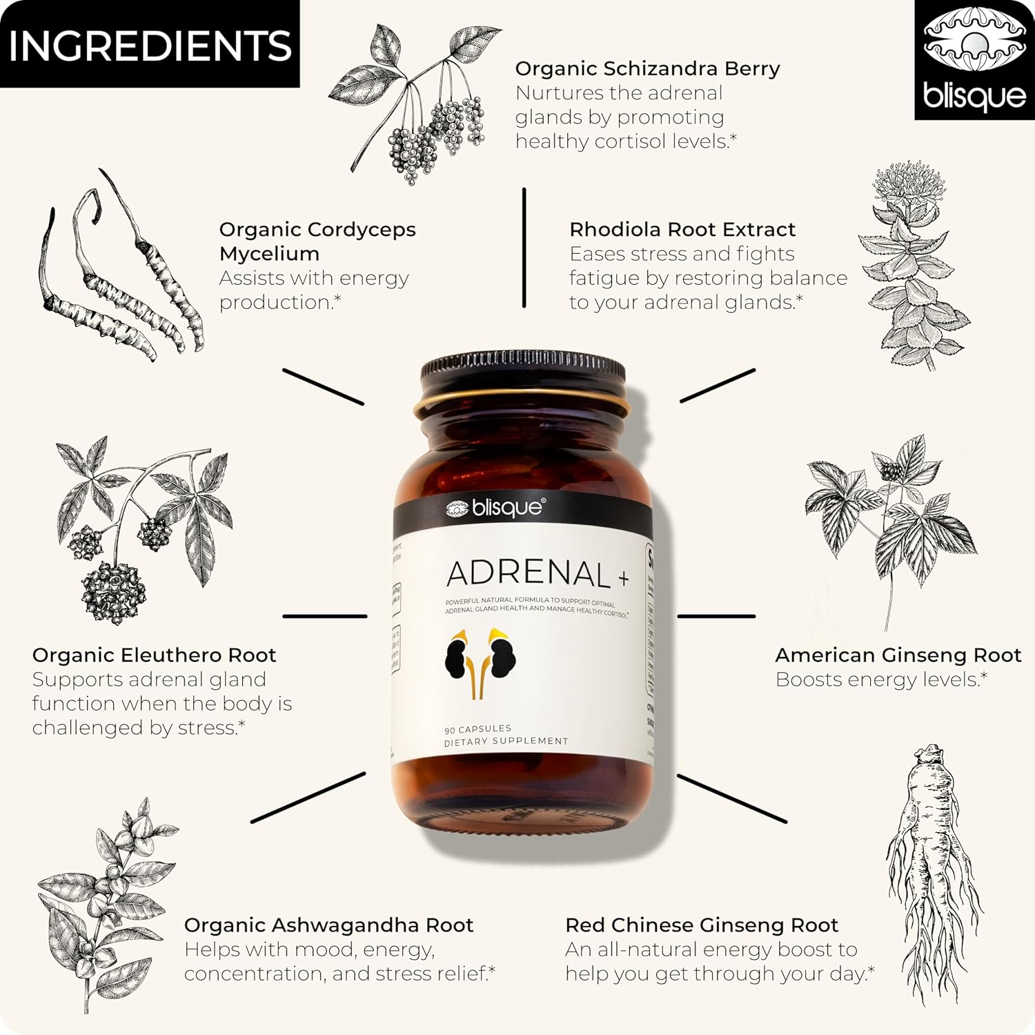 Natural Adrenal Support Supplement with Ashwagandha for Stress Relief and Cortisol Management - 90 Vegan Capsules