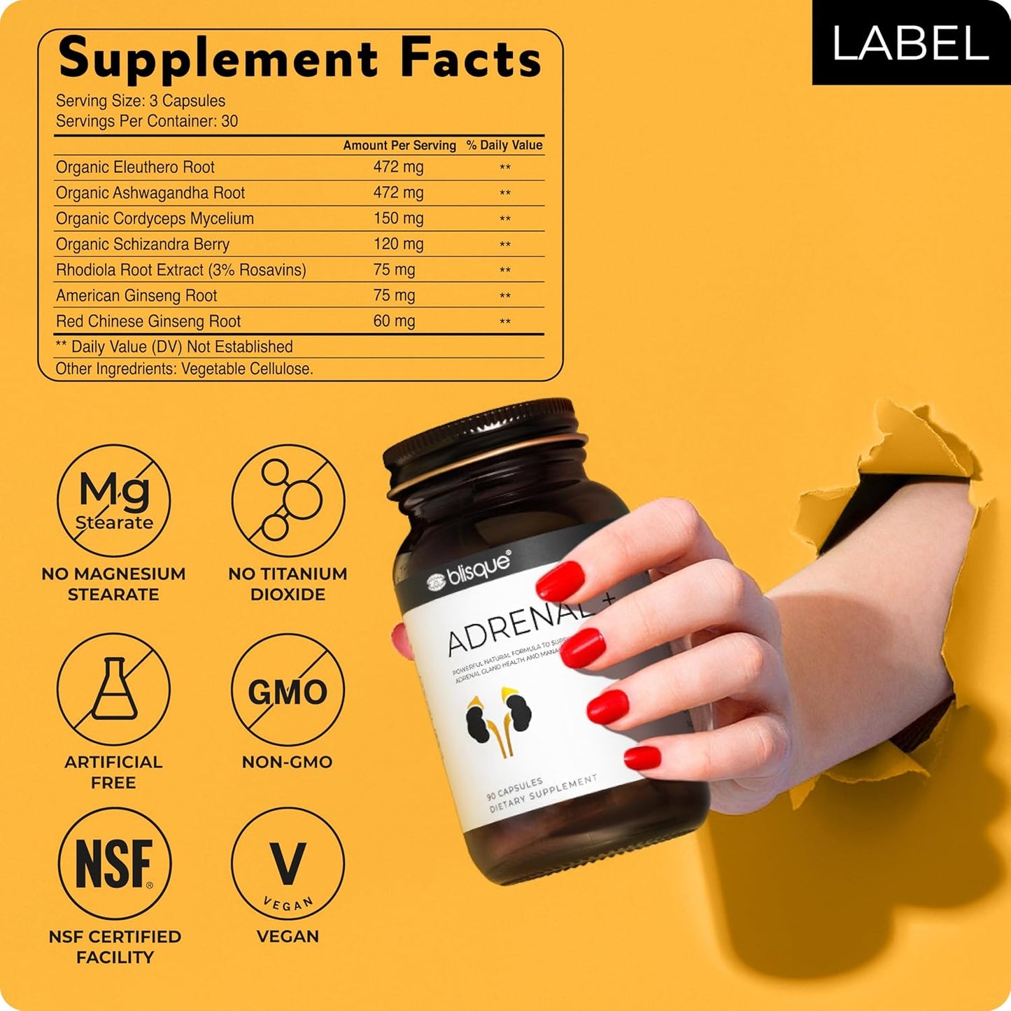 Natural Adrenal Support Supplement with Ashwagandha for Stress Relief and Cortisol Management - 90 Vegan Capsules