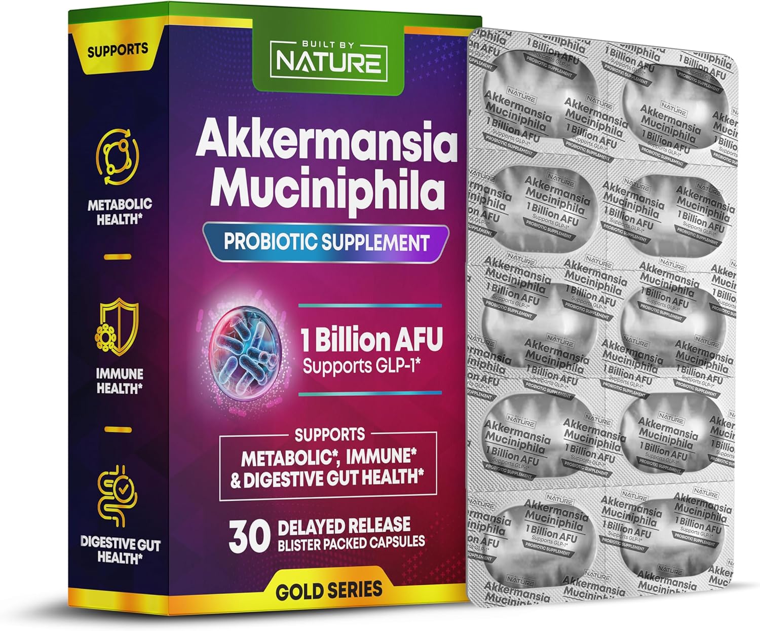 Natural Akkermansia Muciniphila Probiotic Supplement - 1 Billion AFU - Promotes GLP-1, Immune & Digestive Health - 30 Delayed Release Capsules