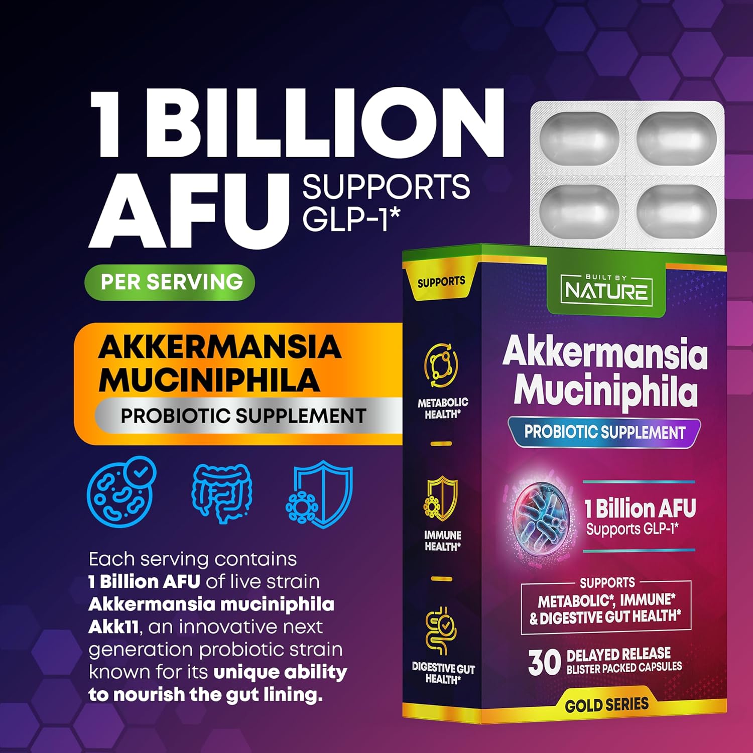 Natural Akkermansia Muciniphila Probiotic Supplement - 1 Billion AFU - Promotes GLP-1, Immune & Digestive Health - 30 Delayed Release Capsules