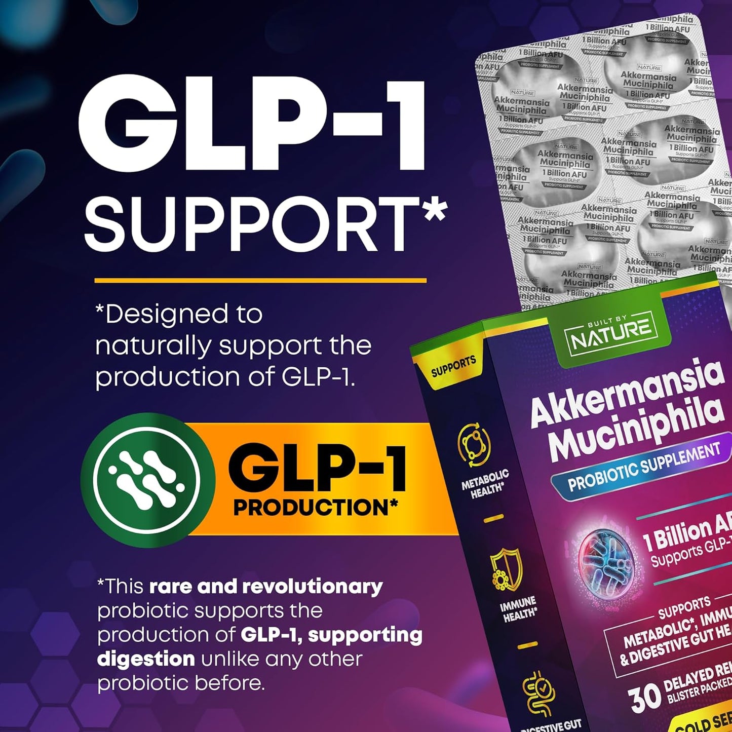 Natural Akkermansia Muciniphila Probiotic Supplement - 1 Billion AFU - Promotes GLP-1, Immune & Digestive Health - 30 Delayed Release Capsules