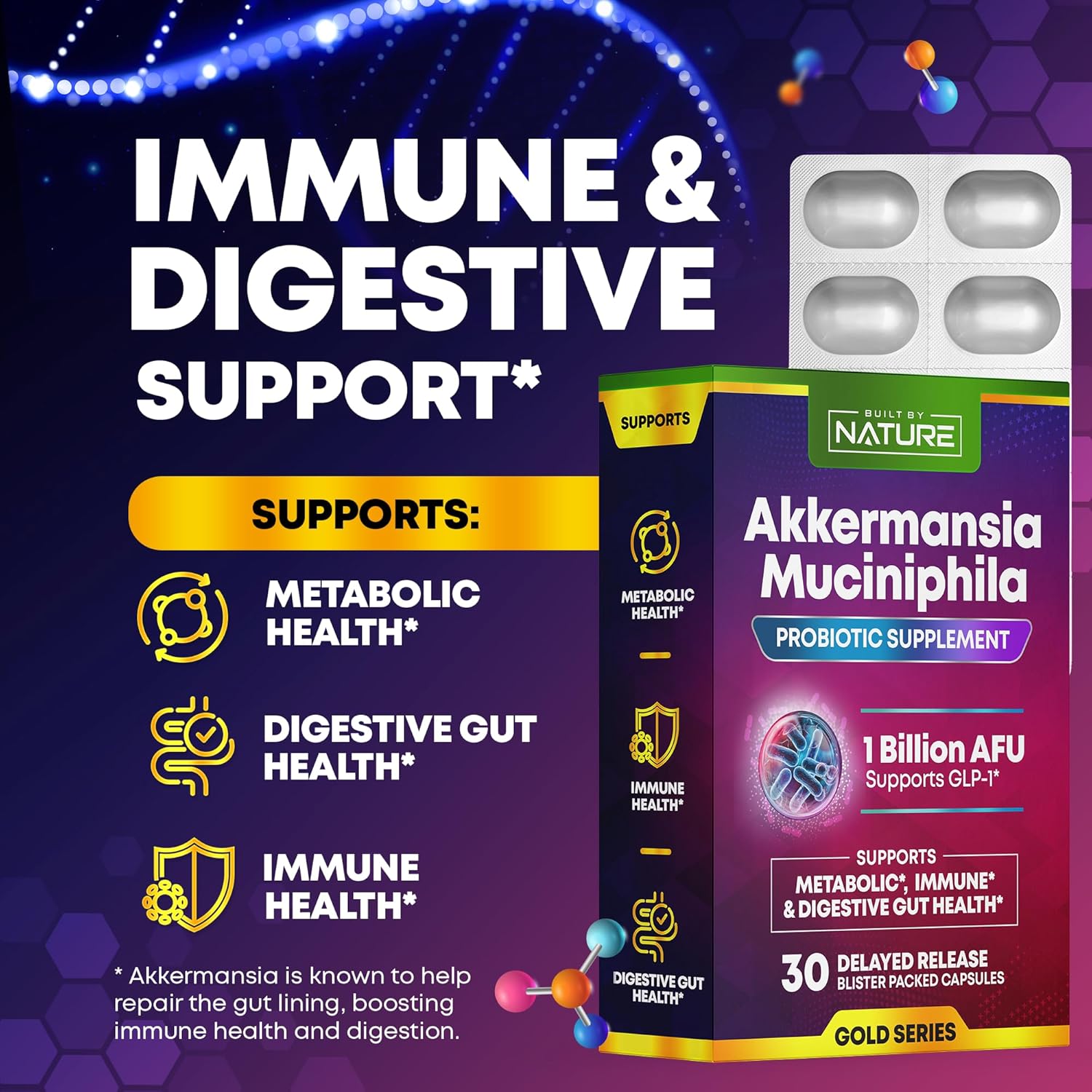Natural Akkermansia Muciniphila Probiotic Supplement - 1 Billion AFU - Promotes GLP-1, Immune & Digestive Health - 30 Delayed Release Capsules