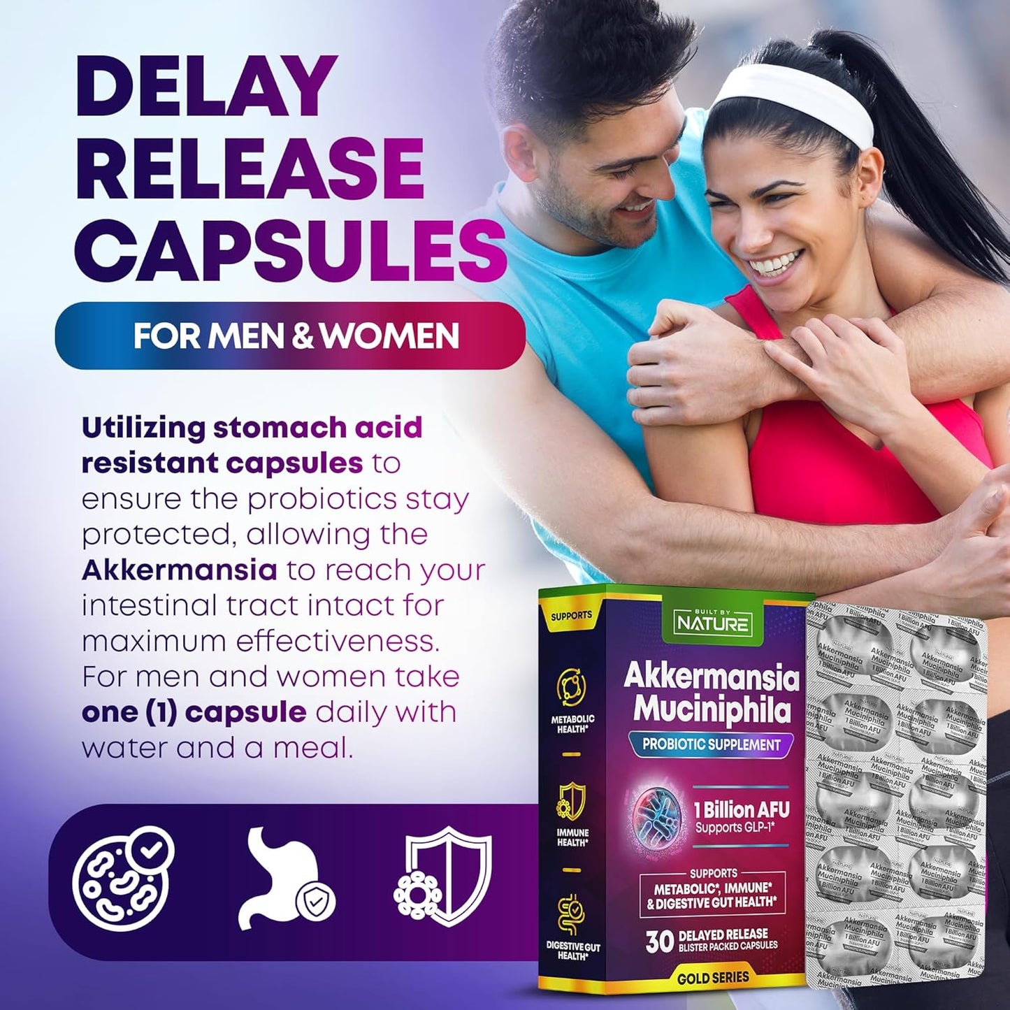 Natural Akkermansia Muciniphila Probiotic Supplement - 1 Billion AFU - Promotes GLP-1, Immune & Digestive Health - 30 Delayed Release Capsules