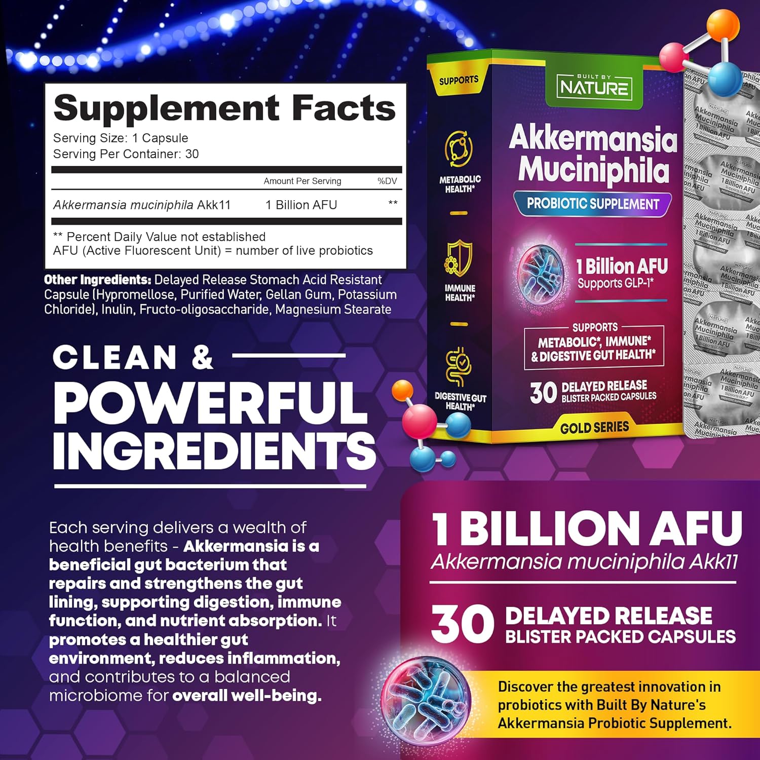 Natural Akkermansia Muciniphila Probiotic Supplement - 1 Billion AFU - Promotes GLP-1, Immune & Digestive Health - 30 Delayed Release Capsules