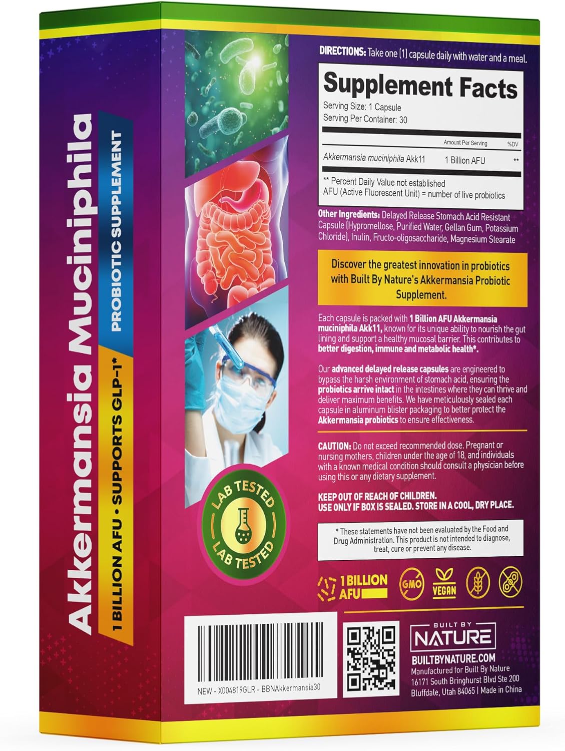 Natural Akkermansia Muciniphila Probiotic Supplement - 1 Billion AFU - Promotes GLP-1, Immune & Digestive Health - 30 Delayed Release Capsules