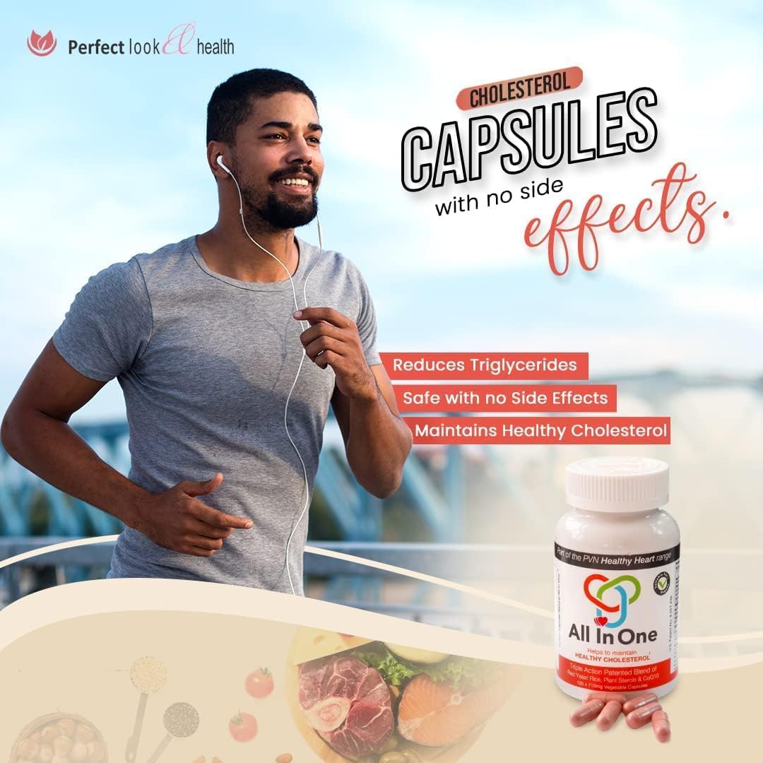 Natural All-in-One Heart Health Supplement - Supports Healthy Blood Circulation & Lowers Cholesterol - Red Yeast Rice, CoQ10, Plant Sterols - 120 Capsules