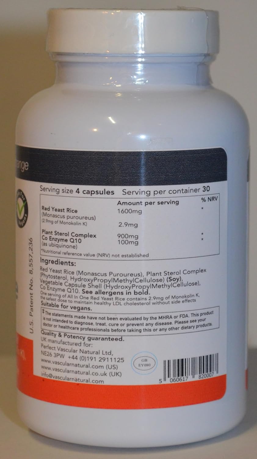 Natural All-in-One Heart Health Supplement - Supports Healthy Blood Circulation & Lowers Cholesterol - Red Yeast Rice, CoQ10, Plant Sterols - 120 Capsules