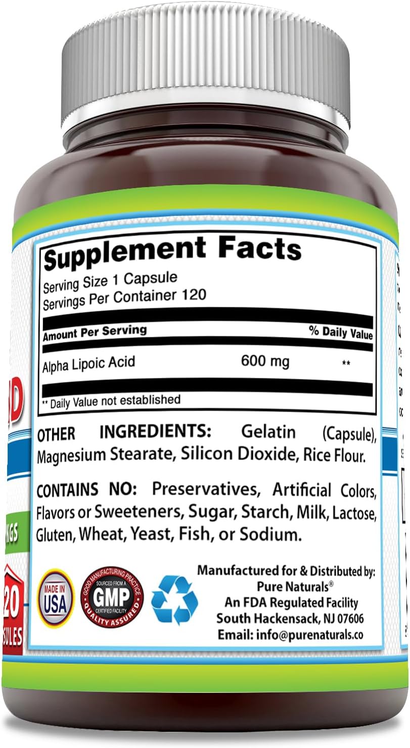 Natural Alpha Lipoic Acid 600mg Capsules - 120 Count | Non-GMO, Gluten Free, Made in USA - Dietary Supplement