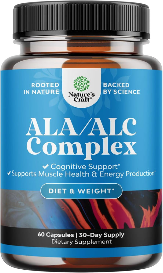 Natural Alpha Lipoic Acid and Acetyl L-Carnitine Supplement for Memory and Energy - ALA ALC Amino Acids - 60 Capsules
