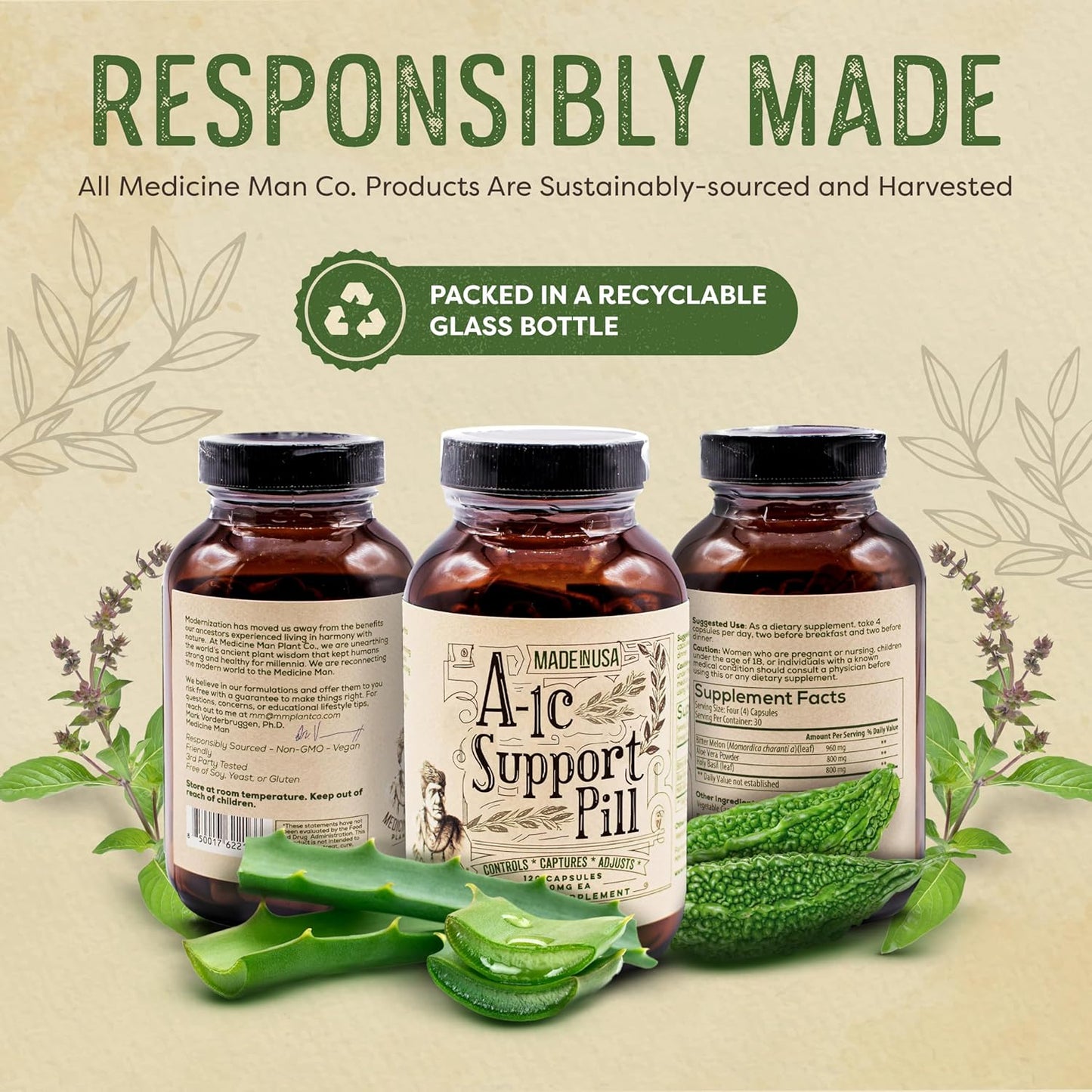 Natural and Organic A-1C Support Capsules with Bitter Melon, Holy Basil, and Aloe Vera Extract - Non-GMO Herbal Formula by Medicine Man Plant Co (120 ct)