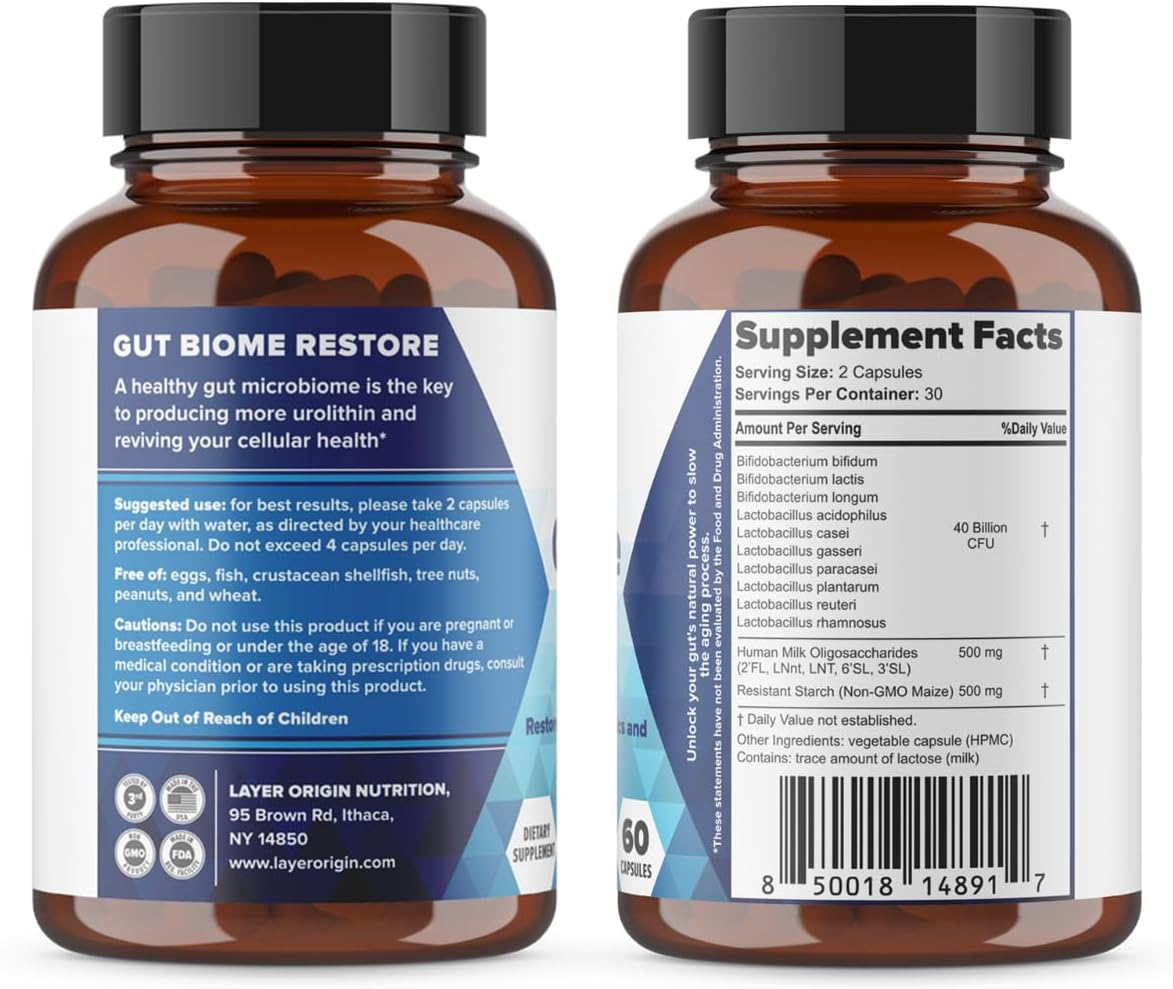 Natural Anti-Aging Bundle: Gut Biome Restore & Mitochondria Revive - Boost Cellular Health, 30 Day Supply