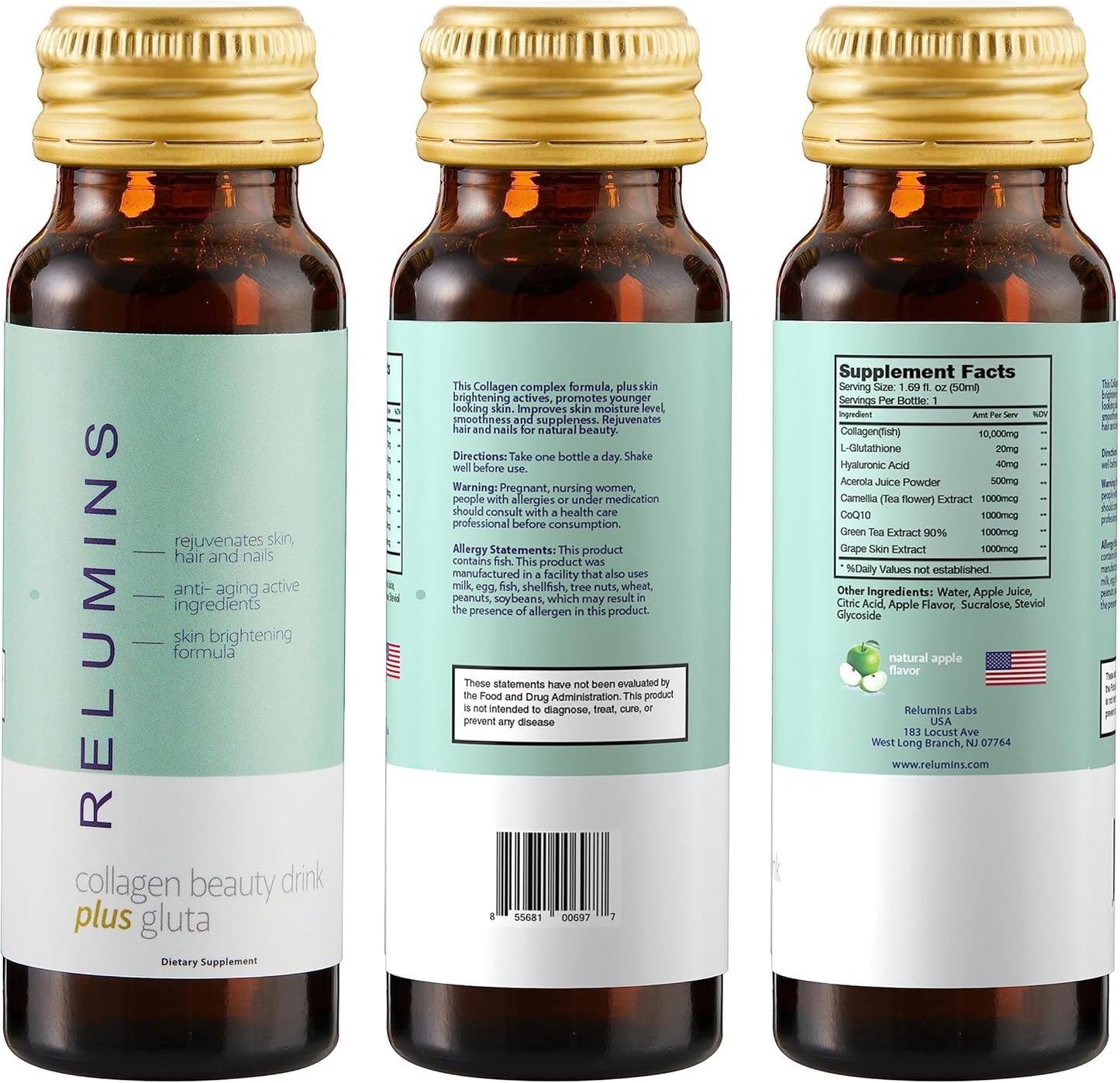Natural Anti-Aging Collagen Beauty Drink with Glutathione, Hyaluronic, CoQ10, EGCG, Resveratrol - Apple Flavor, 10 Drinks x 2 Packs