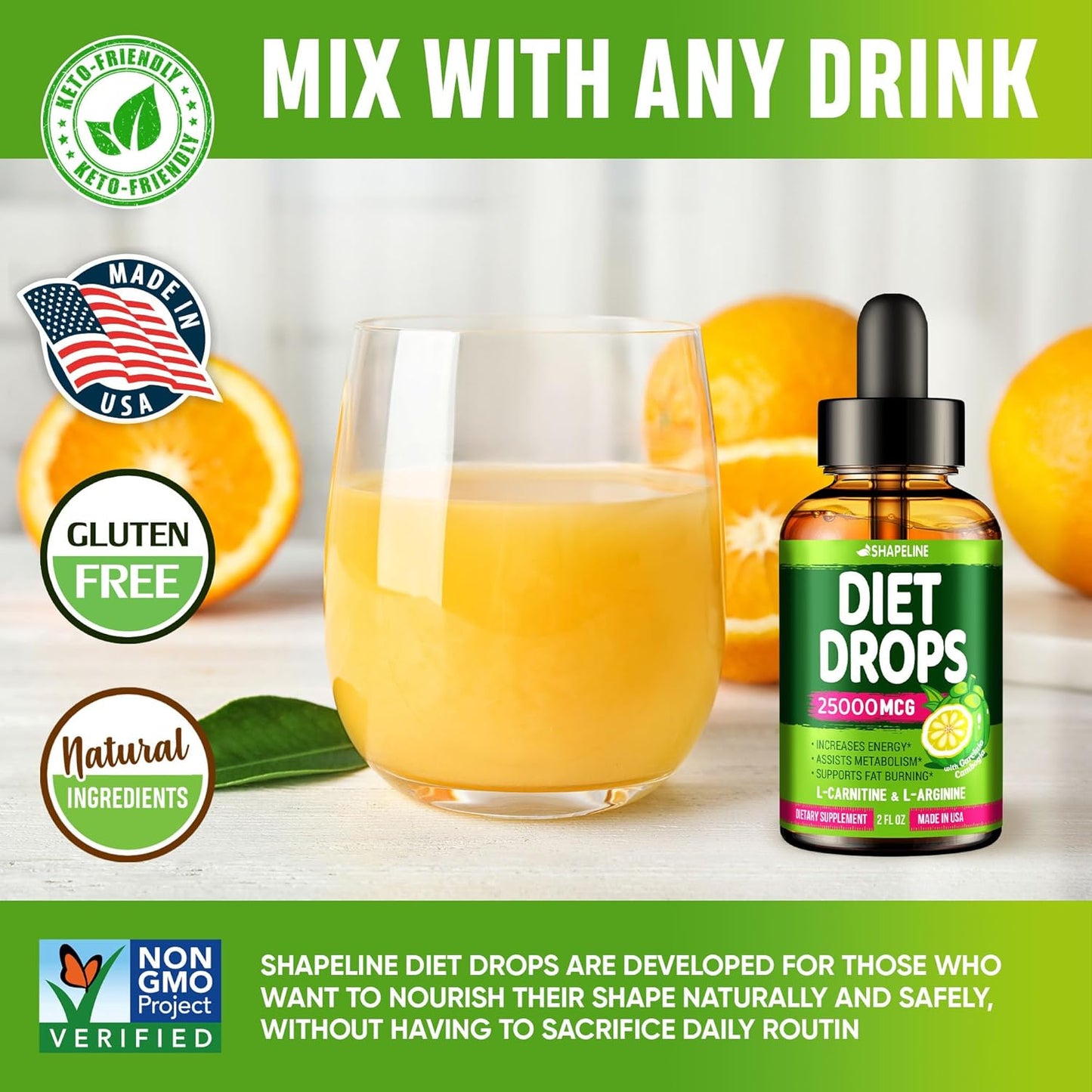 Natural Appetite Suppressant Diet Drops for Women & Men - USA Made Metabolism Booster with Garcinia Cambogia - 2 Fl Oz
