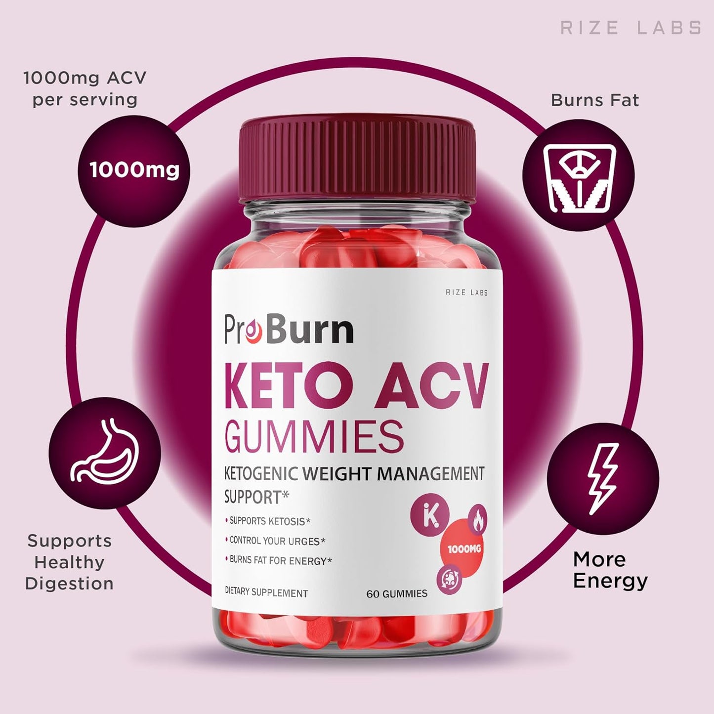 Natural Apple Cider Pro Burn Keto Gummies for Weight Loss Support by rize labs - (60 Gummies)