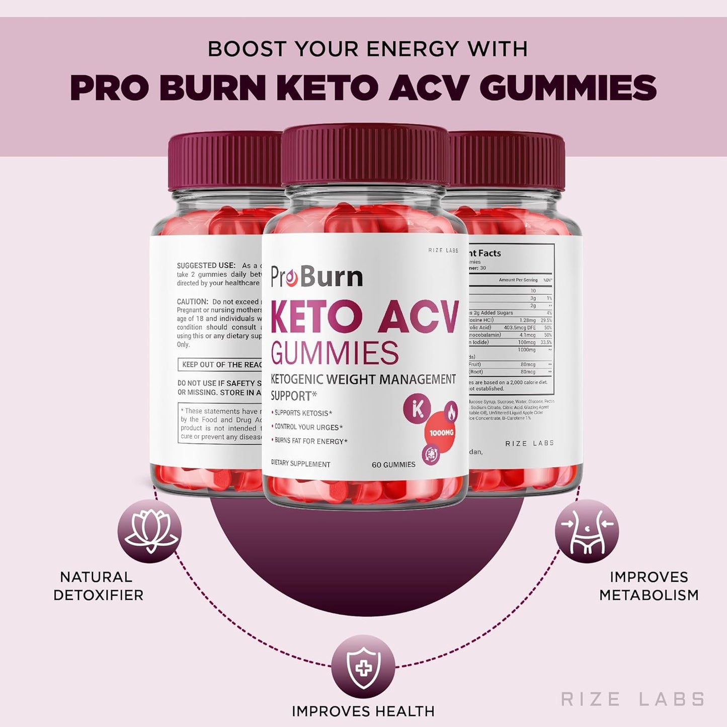 Natural Apple Cider Pro Burn Keto Gummies for Weight Loss Support by rize labs - (60 Gummies)