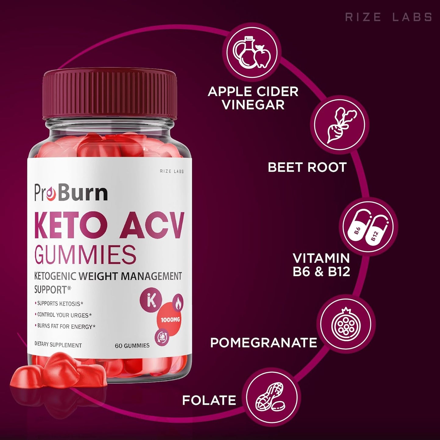 Natural Apple Cider Pro Burn Keto Gummies for Weight Loss Support by rize labs - (60 Gummies)