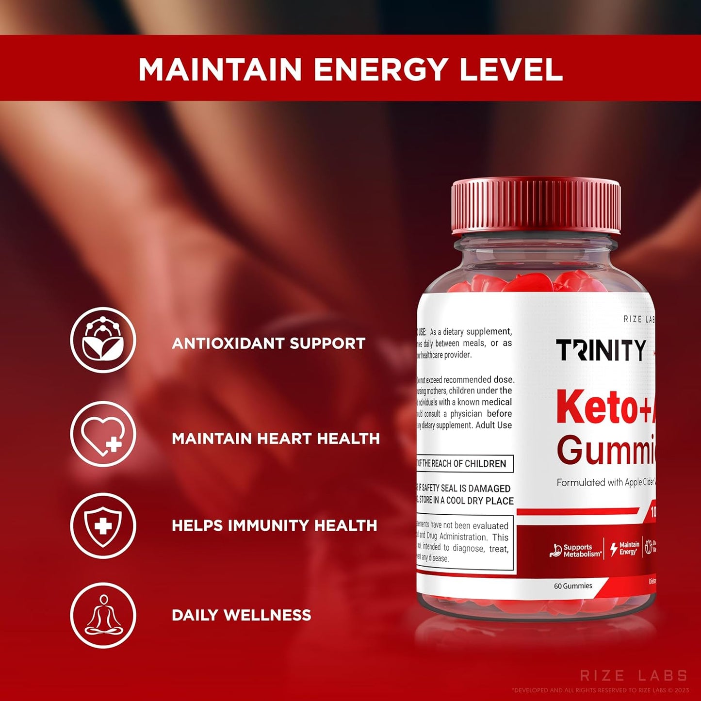 Natural Apple Cider Vinegar Gummies for Advanced Slimming Formula - 500mg (60 Gummies) - Rize Labs Trinity Keto+ACV