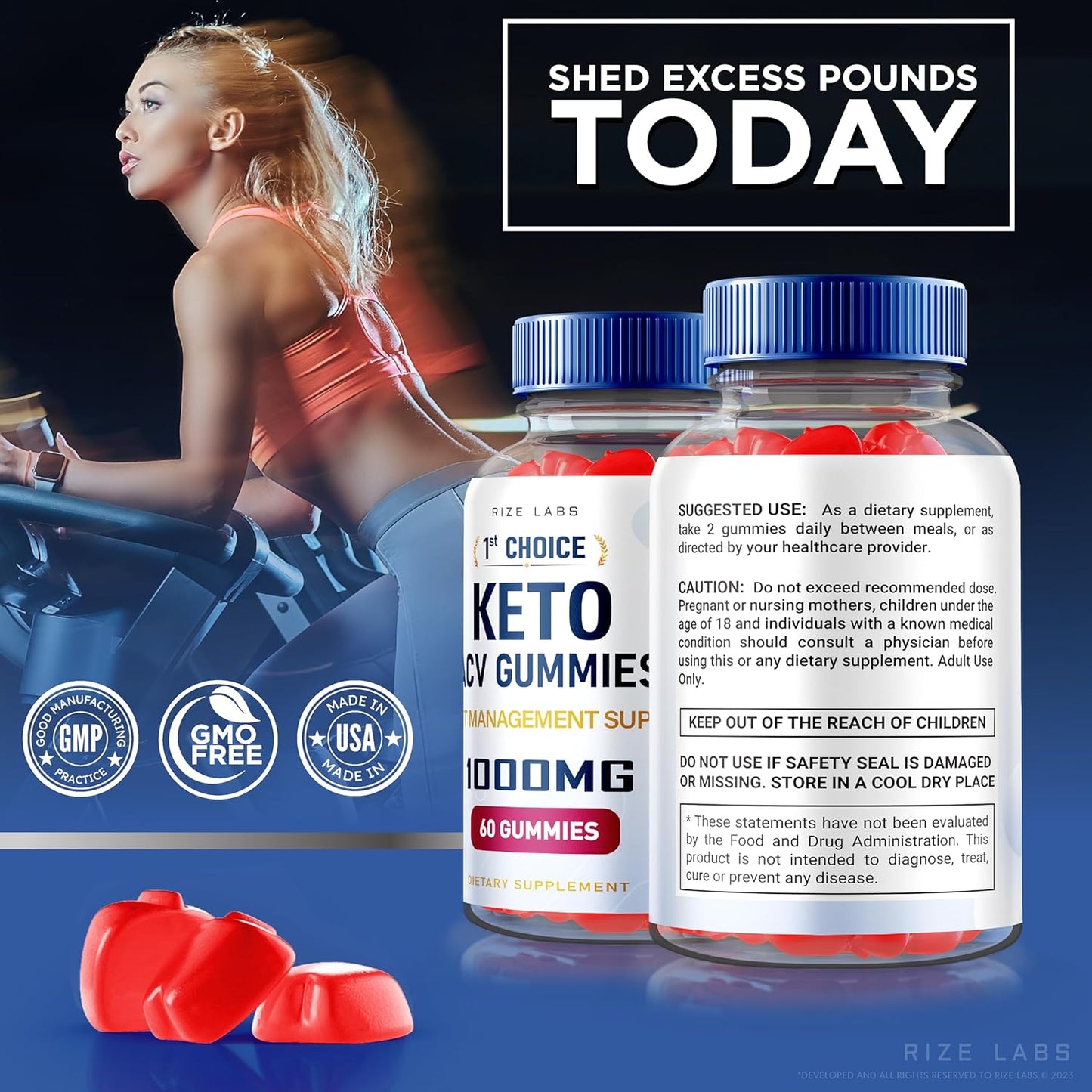 Natural Apple Cider Vinegar Keto Gummies for Advanced Slimming Formula - 2000mg Keto+ACV Supplement (60 Gummies) by Rize Labs