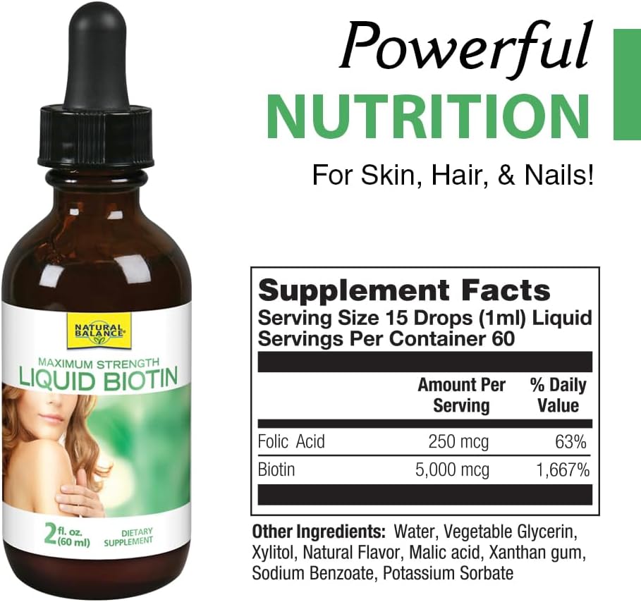Natural Balance Biotin Liquid Supplement - 5000mcg for Healthy Hair, Skin, and Nails - 2 oz, 60 Servings