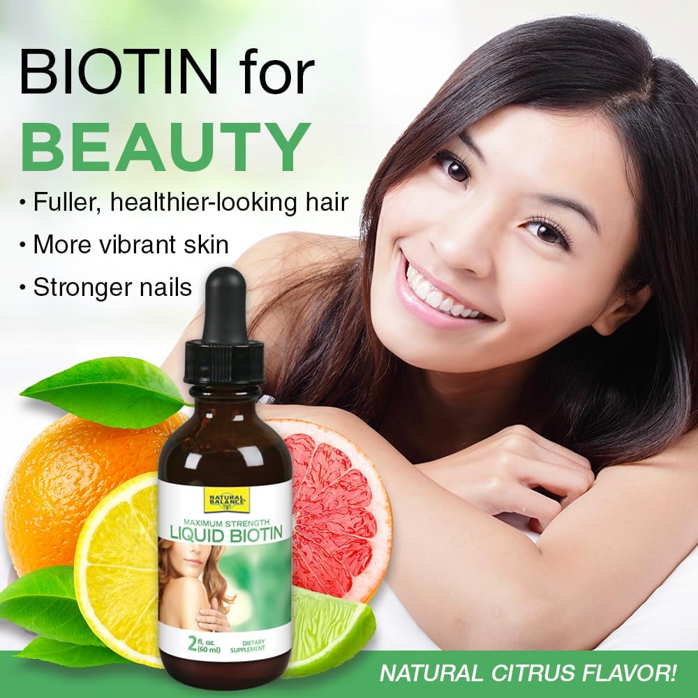 Natural Balance Biotin Liquid Supplement - 5000mcg for Healthy Hair, Skin, and Nails - 2 oz, 60 Servings