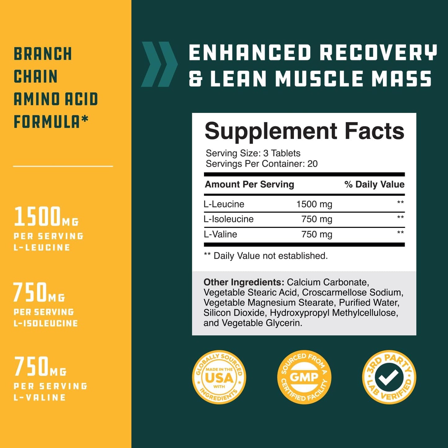Natural BCAA Branched Chain Amino Acids Supplement for Muscle Building and Energy Boost - L-Leucine, L-Valine - 60 Tablets