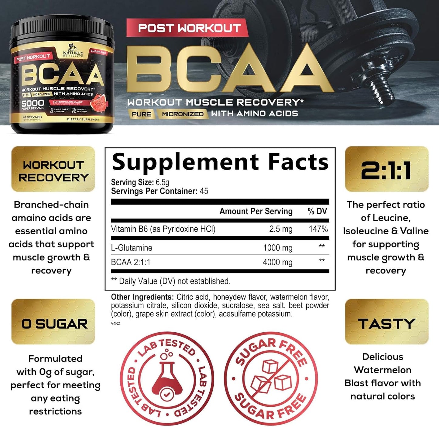 Natural BCAA Powder for Energy Boost and Muscle Recovery - 45 Servings, Sugar Free, Watermelon Flavor - Pre and Post Workout Amino Acids Supplement for Men and Women