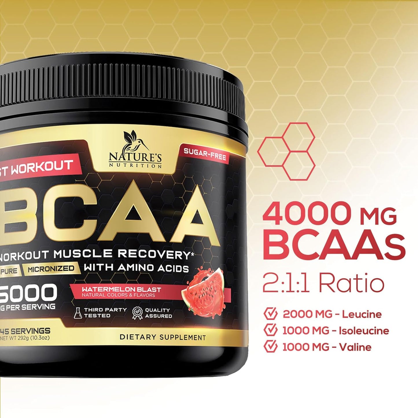 Natural BCAA Powder for Energy Boost and Muscle Recovery - 45 Servings, Sugar Free, Watermelon Flavor - Pre and Post Workout Amino Acids Supplement for Men and Women