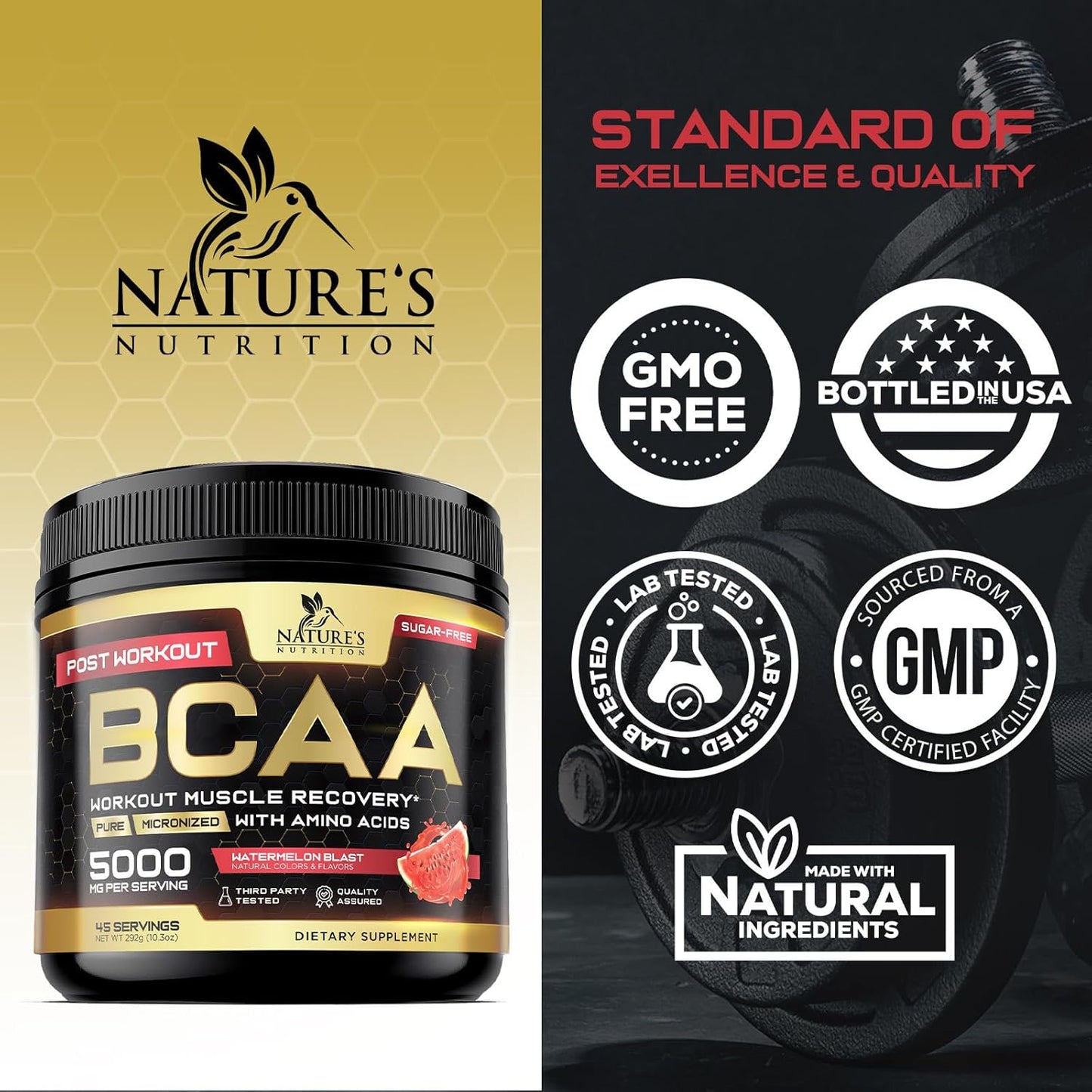 Natural BCAA Powder for Energy Boost and Muscle Recovery - 45 Servings, Sugar Free, Watermelon Flavor - Pre and Post Workout Amino Acids Supplement for Men and Women