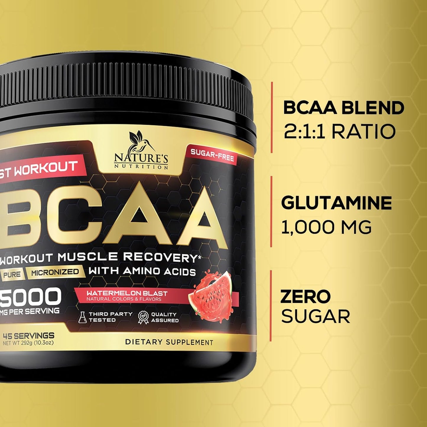 Natural BCAA Powder for Energy Boost and Muscle Recovery - 45 Servings, Sugar Free, Watermelon Flavor - Pre and Post Workout Amino Acids Supplement for Men and Women