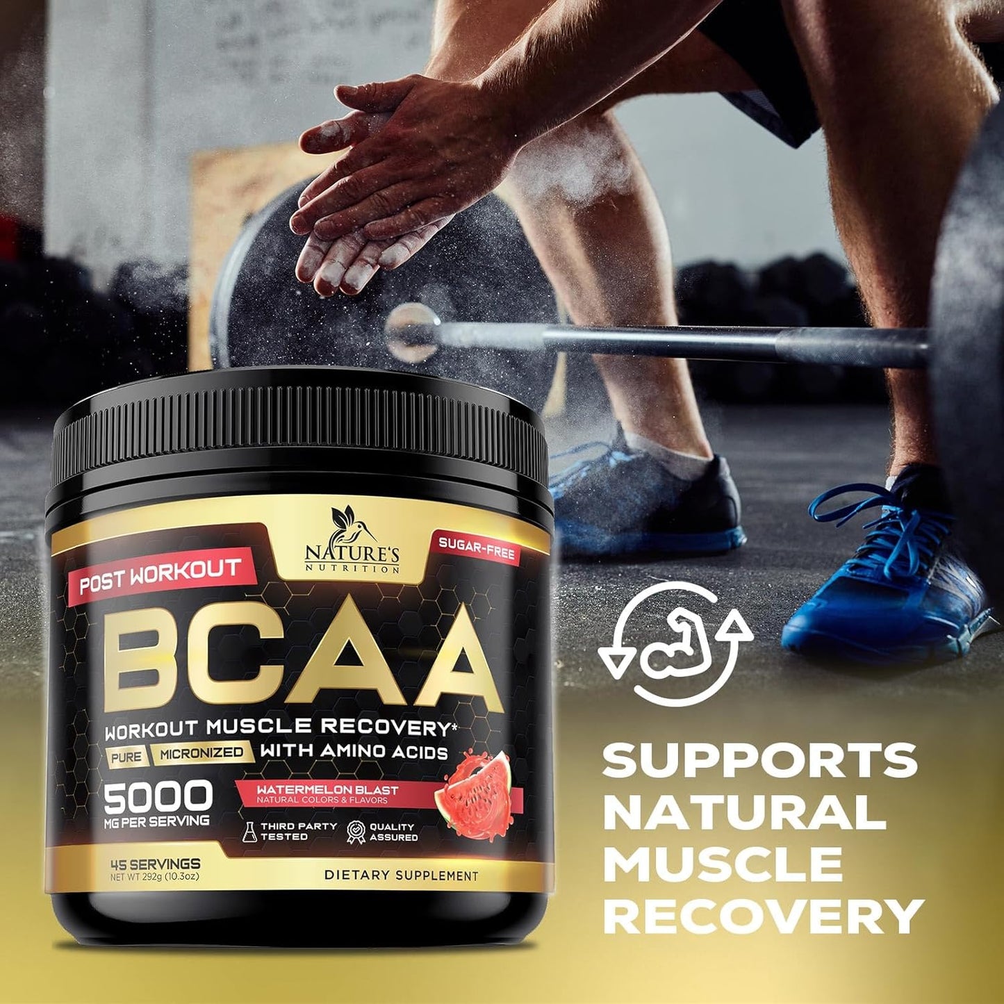 Natural BCAA Powder for Energy Boost and Muscle Recovery - 45 Servings, Sugar Free, Watermelon Flavor - Pre and Post Workout Amino Acids Supplement for Men and Women