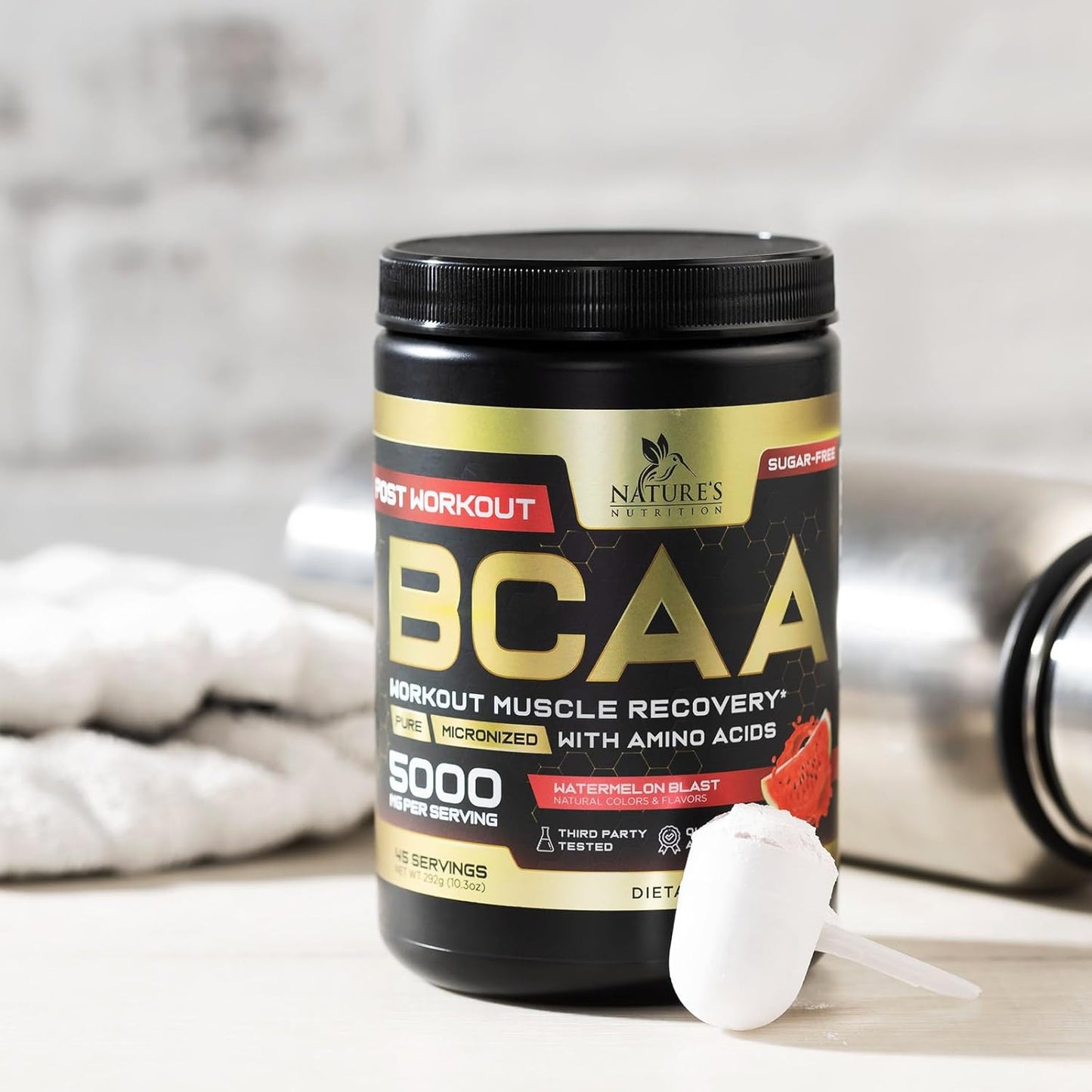 Natural BCAA Powder for Energy Boost and Muscle Recovery - 45 Servings, Sugar Free, Watermelon Flavor - Pre and Post Workout Amino Acids Supplement for Men and Women