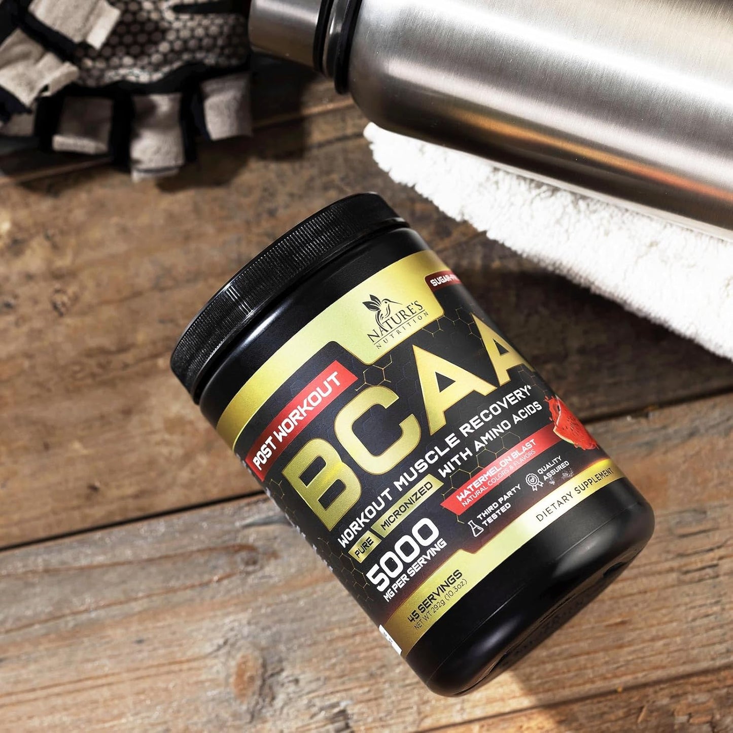 Natural BCAA Powder for Energy Boost and Muscle Recovery - 45 Servings, Sugar Free, Watermelon Flavor - Pre and Post Workout Amino Acids Supplement for Men and Women