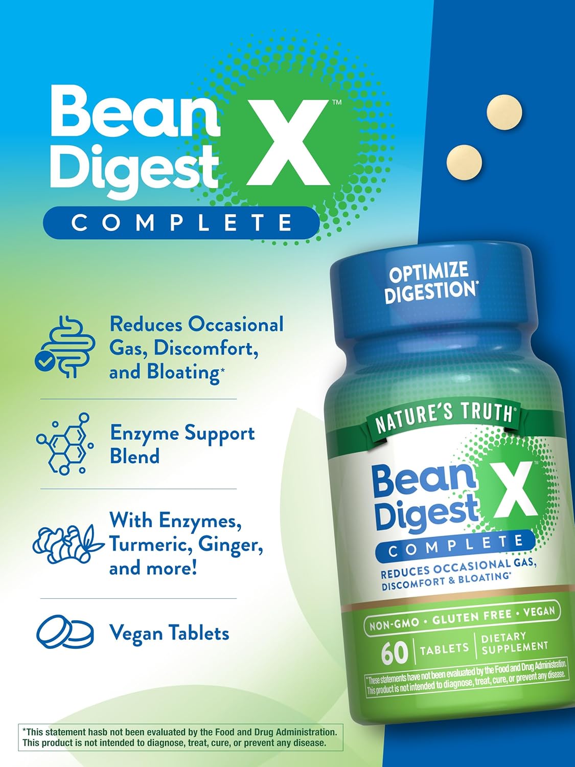 Natural Bean Digestive Enzyme Pills | 60 Tablets | Vegan, Non-GMO & Gluten-Free Supplement