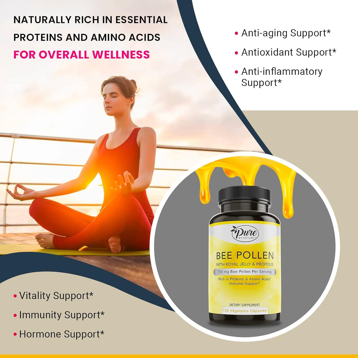 Natural Bee Pollen Supplement with Propolis & Royal Jelly for Immune Support, Antioxidant Properties - 120 Non-GMO Capsules