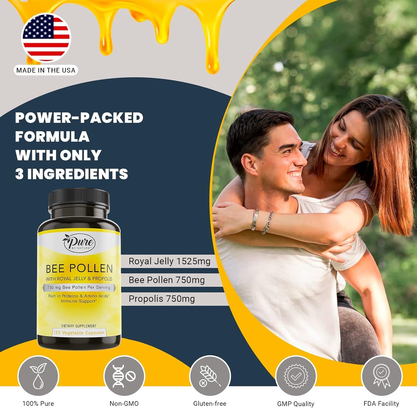 Natural Bee Pollen Supplement with Propolis & Royal Jelly for Immune Support, Antioxidant Properties - 120 Non-GMO Capsules