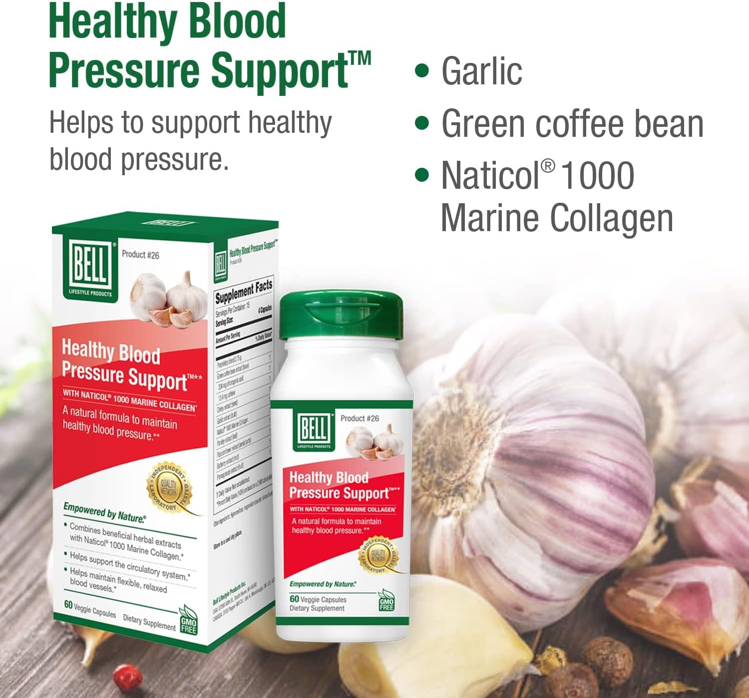 Natural Bell Healthy Blood Pressure Support Capsules - Green Coffee Bean, Garlic, Celery Seed Extract - 60 Vegan Non-GMO Supplements