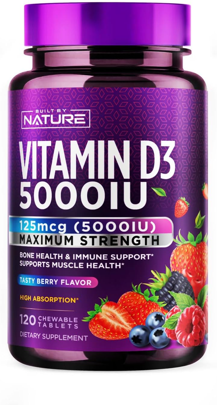 Natural Berry Flavored Chewable Vitamin D3 5000 IU Supplement - Sugar Free Tablets - 120 Count