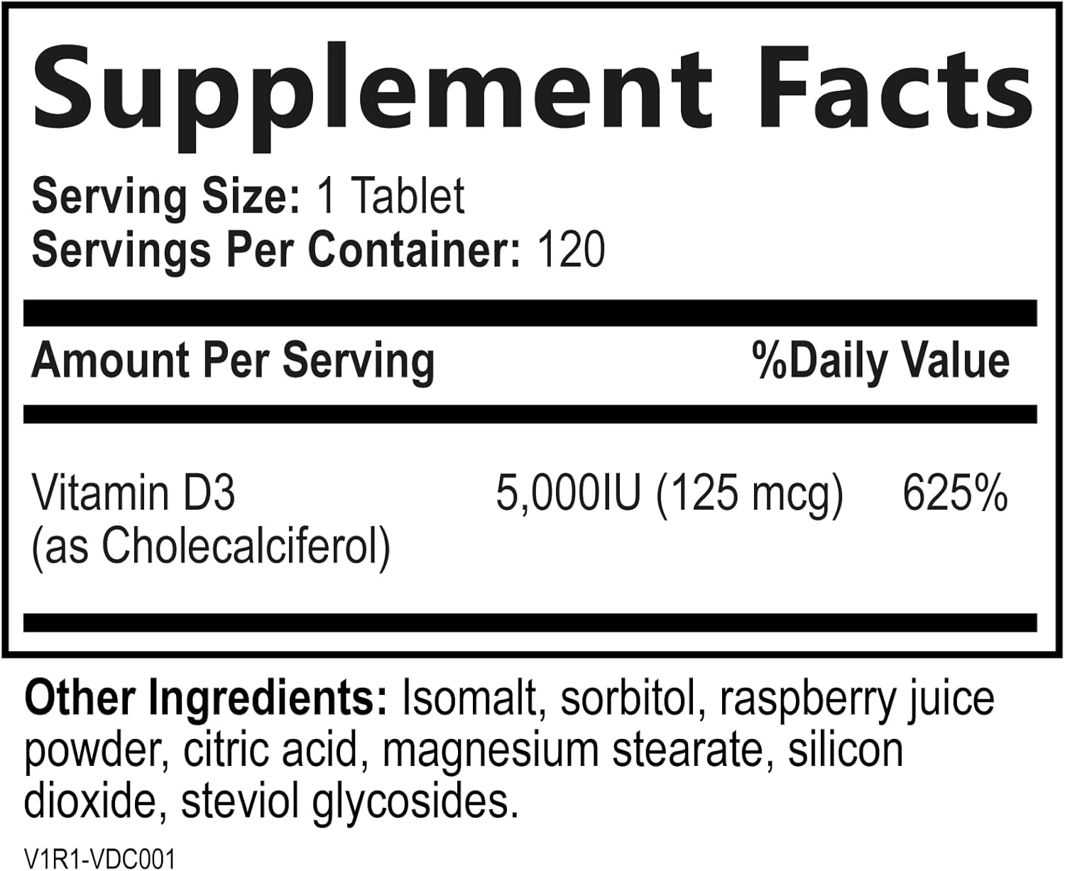 Natural Berry Flavored Chewable Vitamin D3 5000 IU Supplement - Sugar Free Tablets - 120 Count