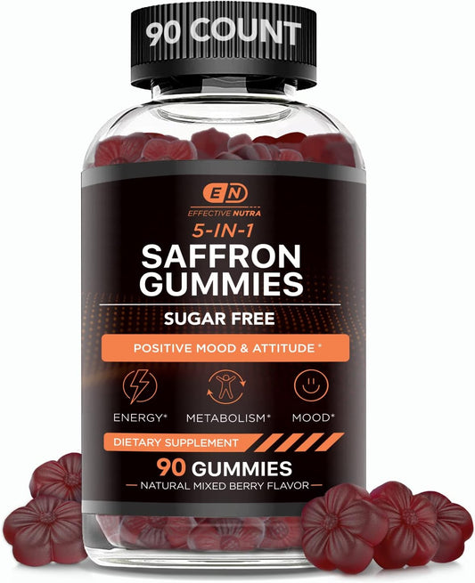Natural Berry Flavored Sugar-Free Saffron Gummies with Vitamin D2 & GABA for Positive Mood, Energy, Digestion - Made in USA (90 Count)