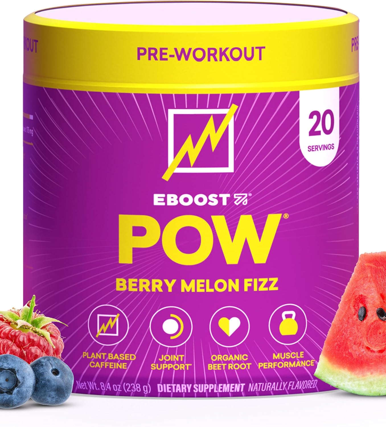 Natural Berry Melon Fizz Pre Workout Powder - 20 Servings - Boost Performance, Energy, and Focus - Joint Mobility Support - Non-GMO - Gluten-Free