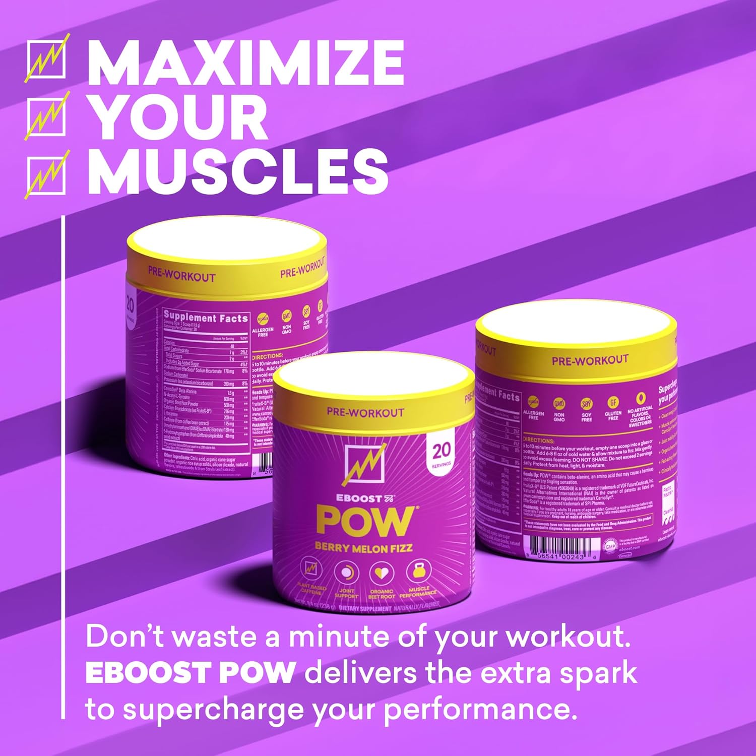 Natural Berry Melon Fizz Pre Workout Powder - 20 Servings - Boost Performance, Energy, and Focus - Joint Mobility Support - Non-GMO - Gluten-Free
