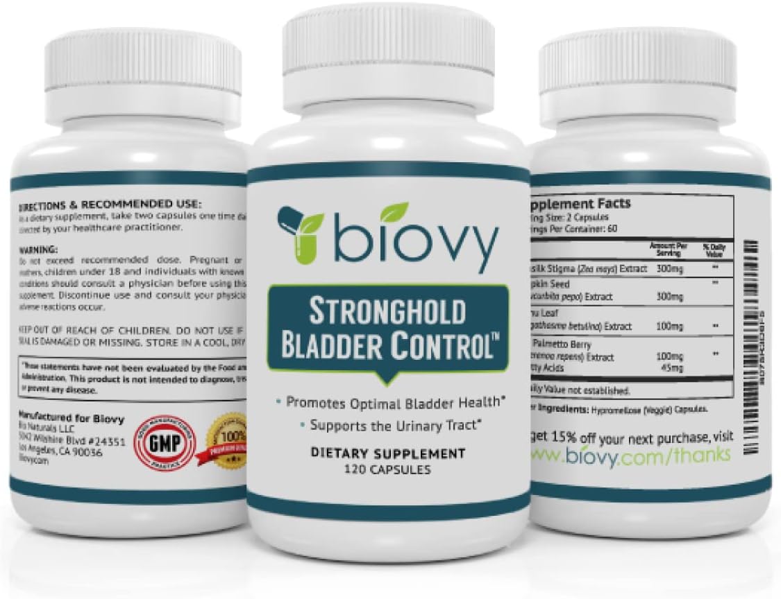 Natural Bladder Control Supplement for Men and Women - Promotes Healthy Urinary Flow - Biolor Stronghold - 120 Capsules