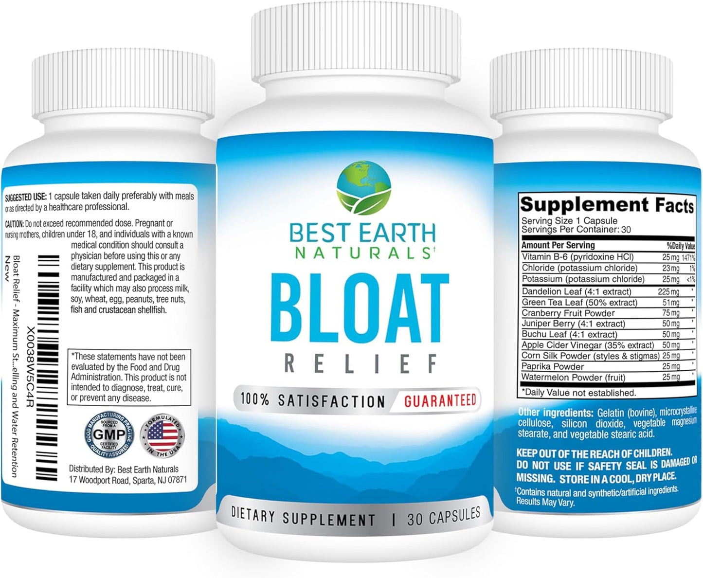 Natural Bloat Relief Water Supplement with Dandelion, Green Tea, Cranberry, Apple Cider Vinegar - 30 Count