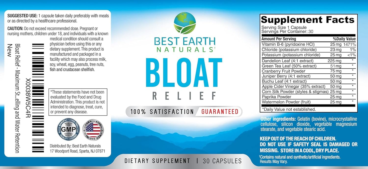 Natural Bloat Relief Water Supplement with Dandelion, Green Tea, Cranberry, Apple Cider Vinegar - 30 Count