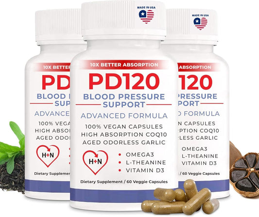 Natural Blood Pressure Supplement with CoQ10, Nitric Oxide, Garlic, Omega 3, L-Theanine, Vitamin D3 - PD120 Formula for High Blood Pressure Support