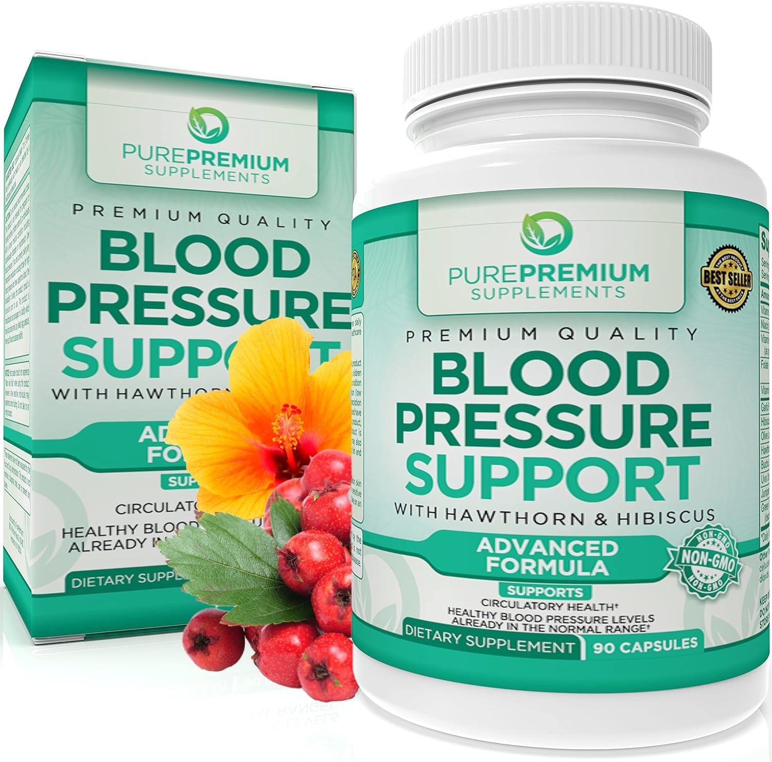 Natural Blood Pressure Support Capsules with Hawthorn Berry, Hibiscus, Garlic, Vitamin B12 - Nitric Oxide Supplements for Healthy Blood Pressure - 90 Count