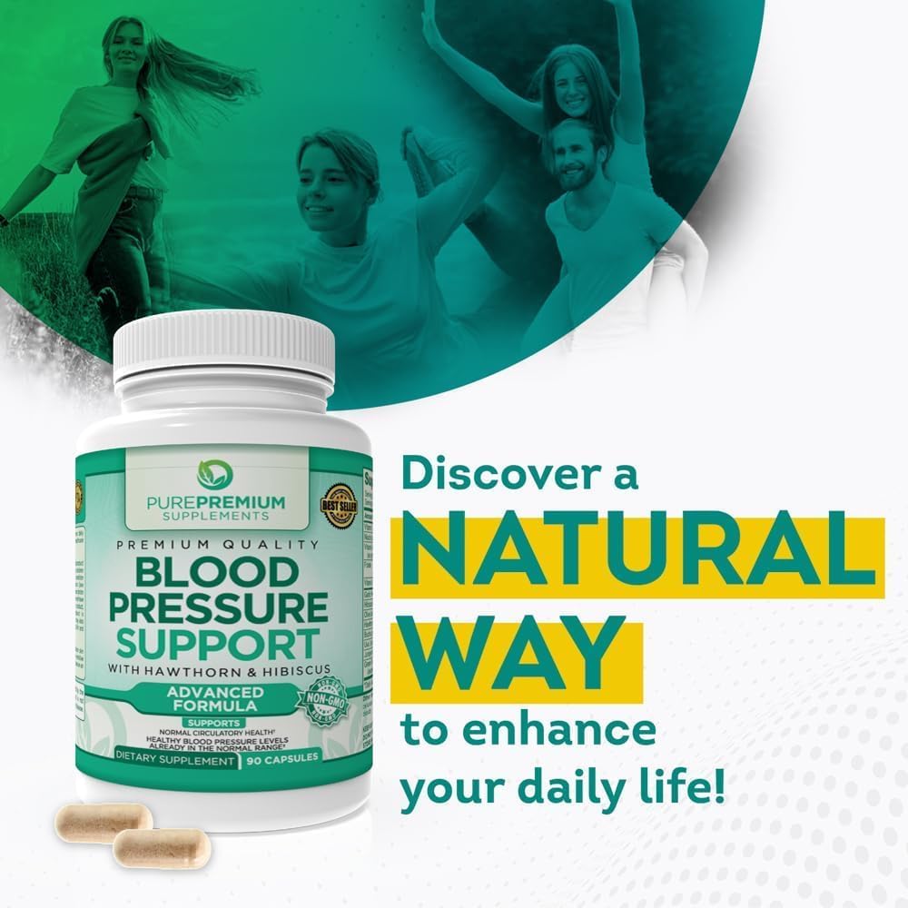Natural Blood Pressure Support Capsules with Hawthorn Berry, Hibiscus, Garlic, Vitamin B12 - Nitric Oxide Supplements for Healthy Blood Pressure - 90 Count