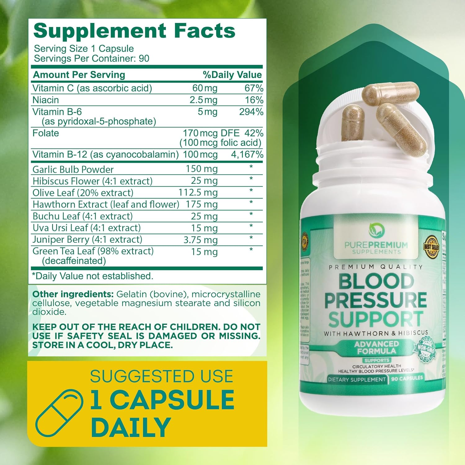 Natural Blood Pressure Support Capsules with Hawthorn Berry, Hibiscus, Garlic, Vitamin B12 - Nitric Oxide Supplements for Healthy Blood Pressure - 90 Count