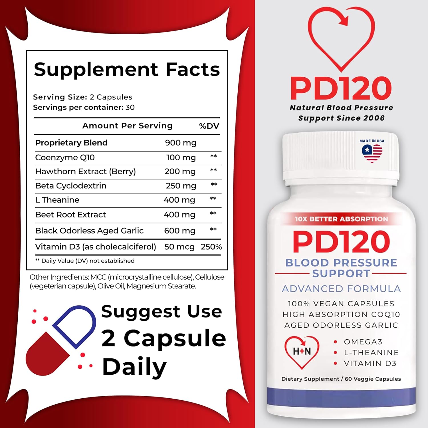 Natural Blood Pressure Support Supplement with CoQ10, Nitric Oxide, Aged Garlic, Omega 3, L-Theanine & Vitamin D3