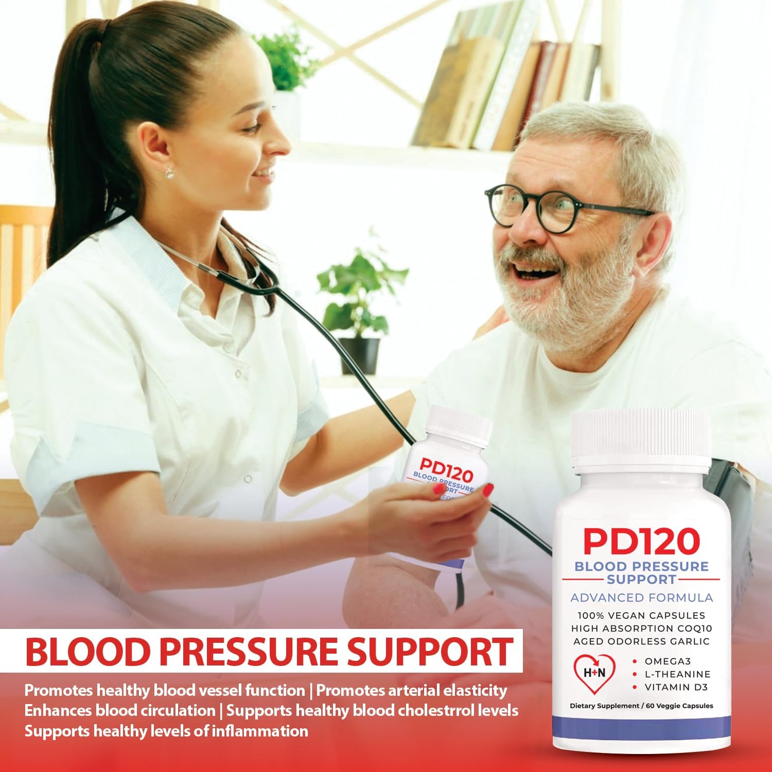 Natural Blood Pressure Support Supplement with CoQ10, Nitric Oxide, Aged Garlic, Omega 3, L-Theanine & Vitamin D3